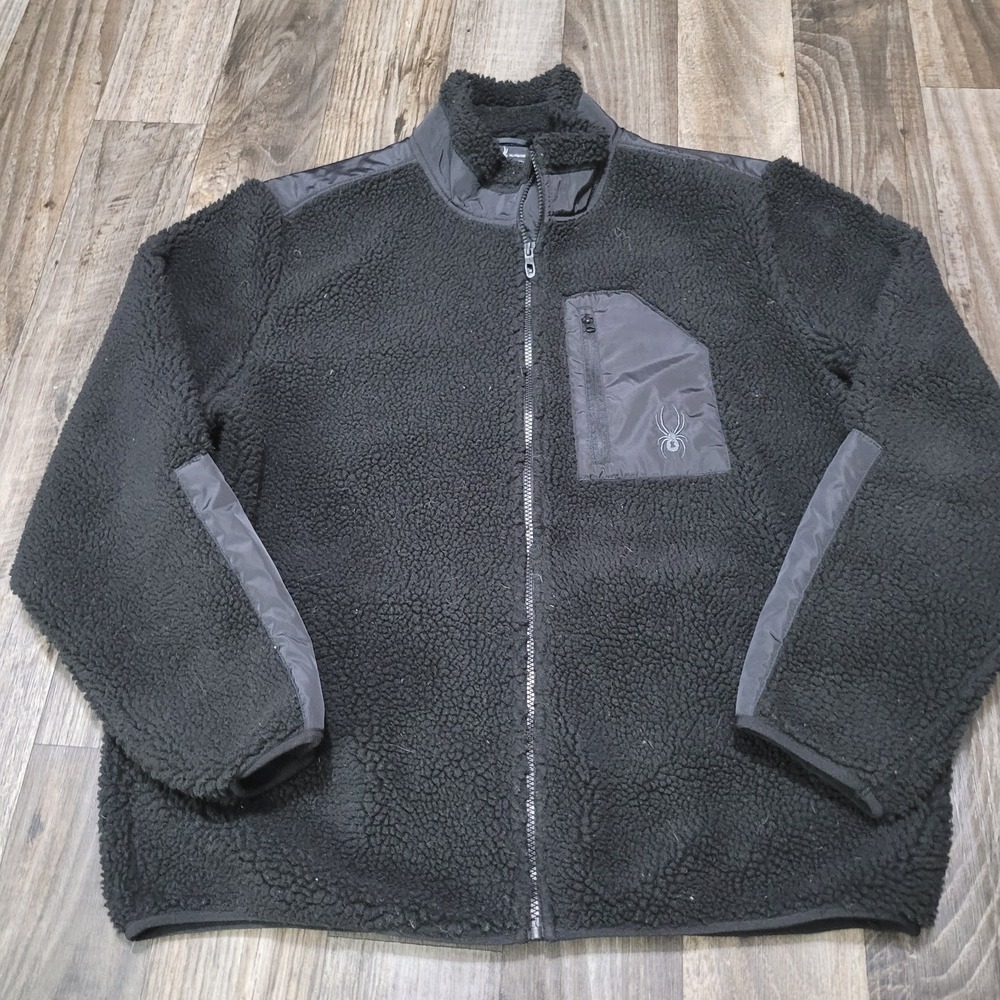 SPYDER High Pile Fleece Full Zip Jacket Men's XL Black Nylon Panels Sherpa